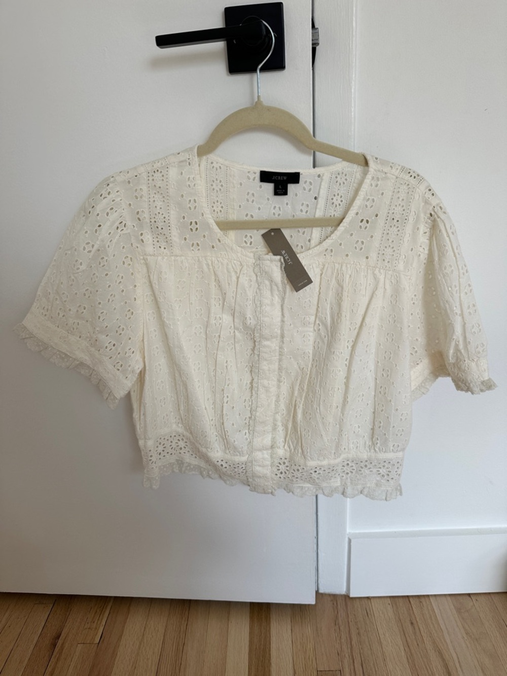 J Crew cropped eyelet and lace button front top - size large